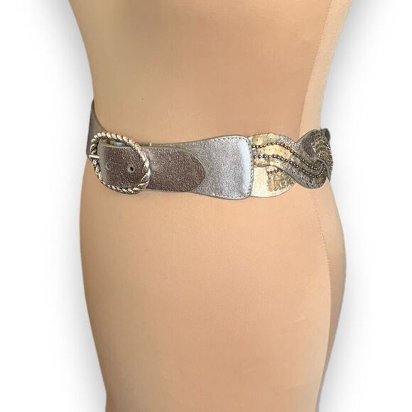 Vintage Statement Belt Metallic Silver Gold Braided Leather Sequins Beads Boho - Picture 3 of 8